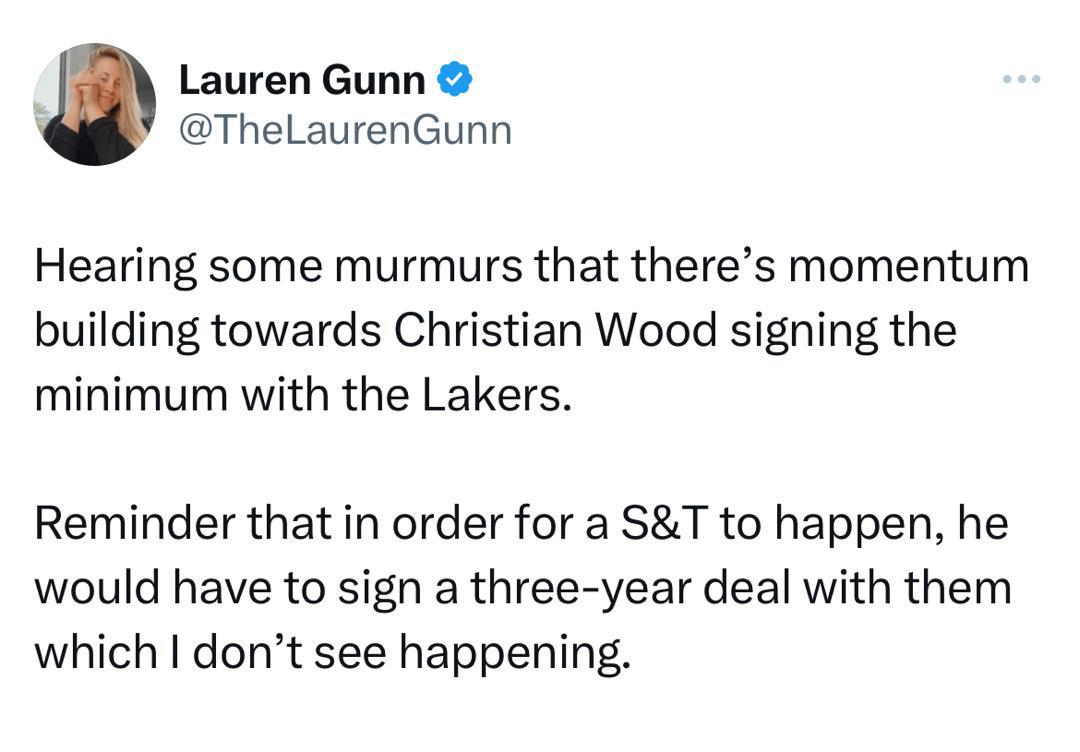 达拉斯人士Lauren Gunn：伍德与湖人签下底薪合同的势头正在增强！ ​​​(1)