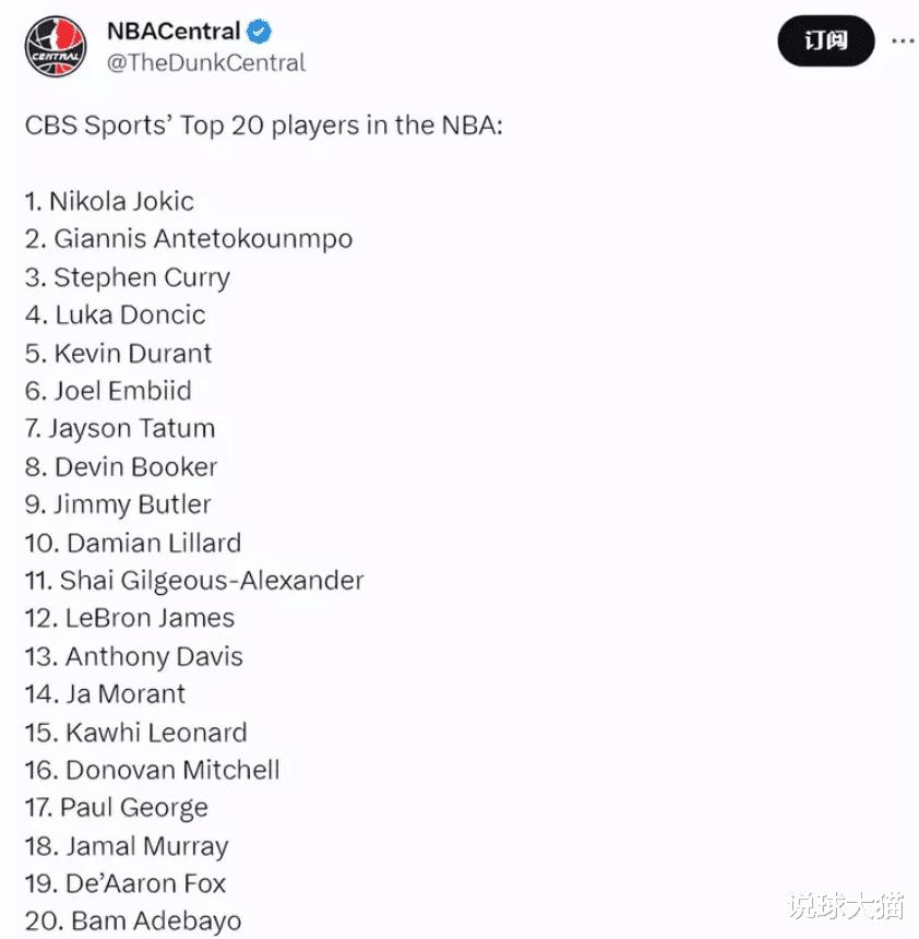 NBA新赛季球员排名：浓眉十三，恩比德第六，库里第三，詹姆斯呢(9)