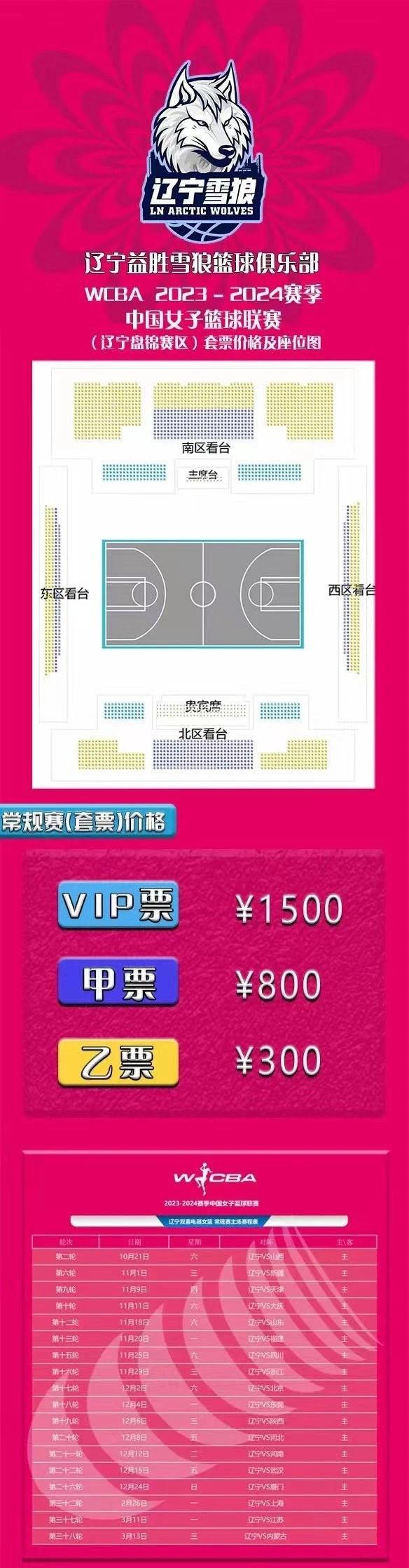 WCBA球队辽宁女篮新赛季主场套票最高仅1500元 最低只要300元(1)