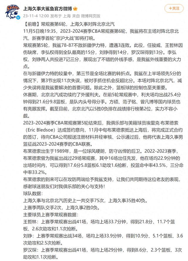 上海男篮官宣与埃里克·布莱德索达成签约意向：将征战2023-2024赛季CBA联赛(1)