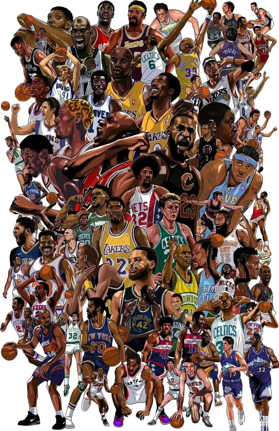 NBA75大巨星海报，谁在中间谁的历史地位高。

乔丹，詹姆斯最大，最中间。

(1)