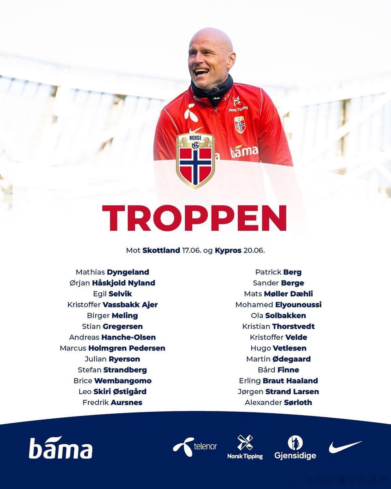 # 天下足球##世界杯# 挪威公布新一期国家队大名单，哈兰德、厄德高领衔，索尔洛(1)