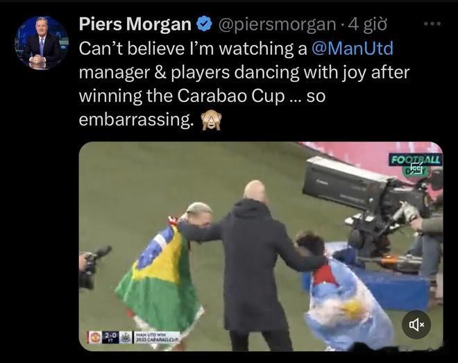 曼联主帅夺得联赛杯后跳舞庆祝，摩根讽刺：这太尴尬了！
在曼联获得联赛杯后，曼联主(1)