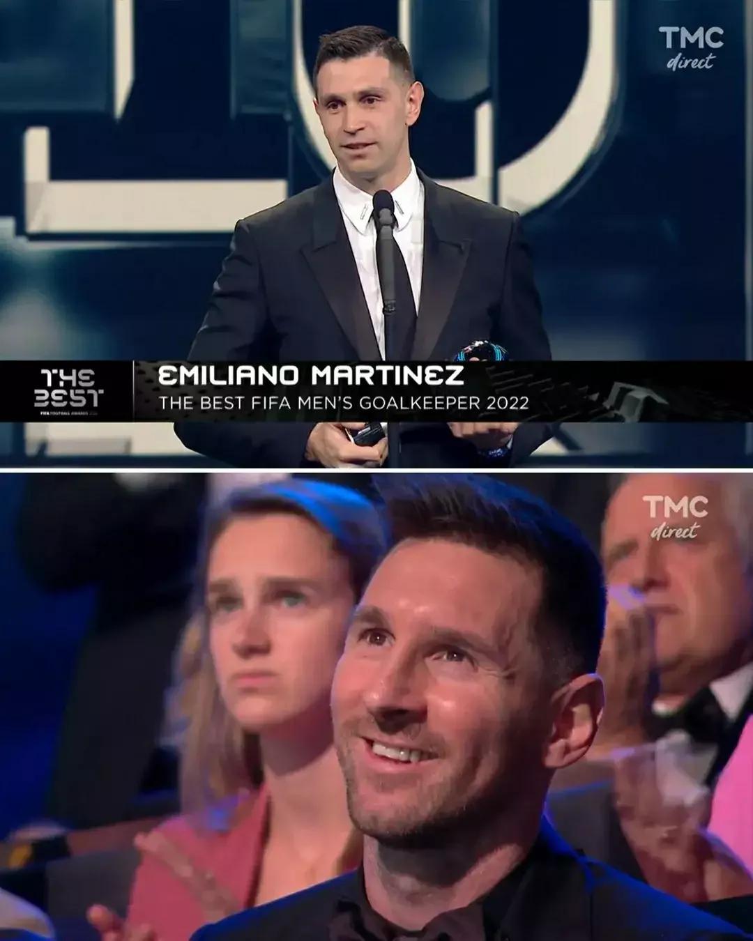 大马丁这次在巴黎获奖，被授予为2022最佳守门员，梅西开心得像个孩子。

马丁内(9)