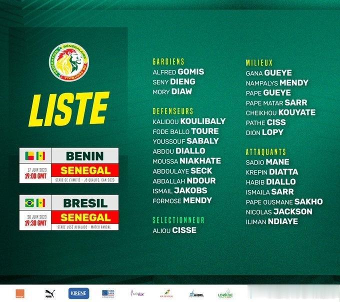 # 天下足球##世界杯# 塞内加尔国家队新一期大名单公布，马内、库利巴利领衔。6(1)