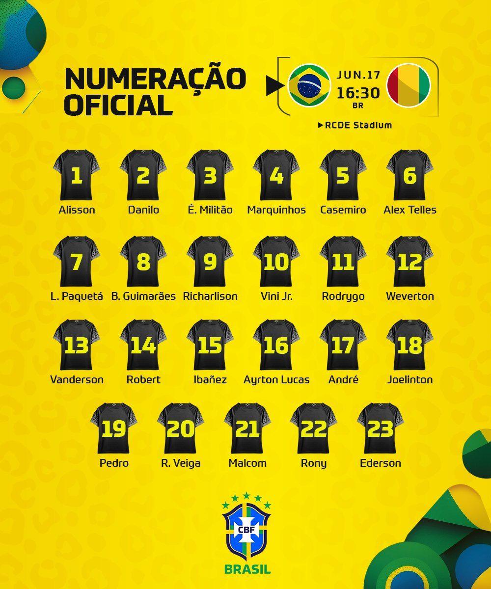 巴西公布本期球衣号码：威尼修斯10号，理查利森9号，罗德里戈11号巴西队官方公布(1)