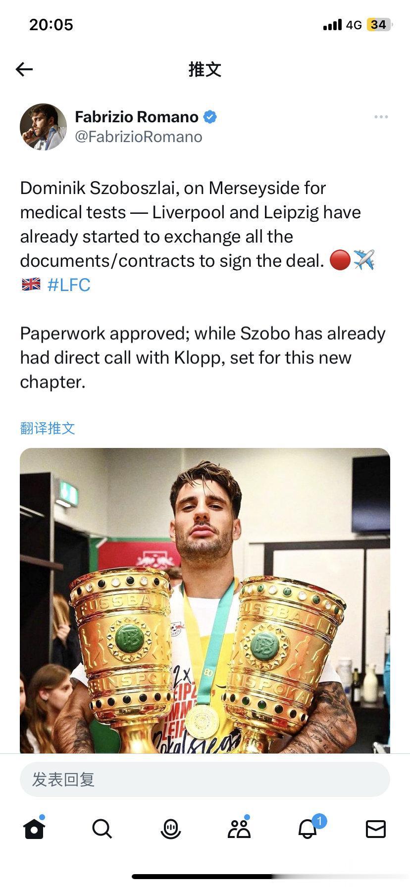 罗马诺透露索博在体检了，利物浦和莱比锡已经开始交换所有文件/合同以签约最终转会合(1)