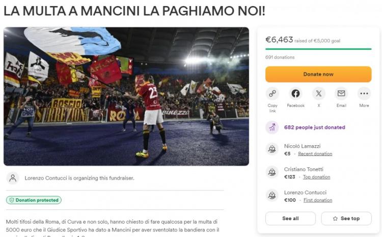 小曼奇尼挥舞拉齐奥老鼠旗帜被罚5000欧，罗马球迷众筹为他交罚款(1)